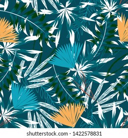 Summer trend seamless pattern with bright tropical leaves, plants and flowers on a dark blue background. Vector design. Jung print. Floral background. Printing and textiles.