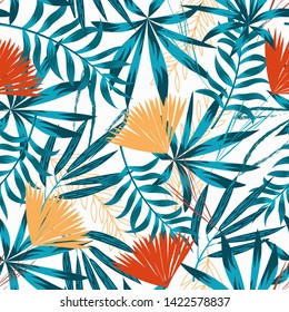 Summer trend seamless pattern with bright tropical leaves, plants and flowers on white background. Vector design. Jung print. Floral background. Printing and textiles.