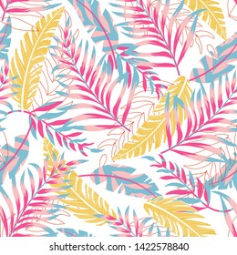 Summer trend seamless pattern with bright tropical leaves and plants on a light background. Vector design. Jung print. Floral background. Printing and textiles.