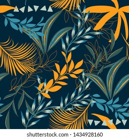 Summer trend seamless pattern with bright tropical leaves and plants on a blue background. Vector design. Jungle print. Floral background. Printing and textiles. Exotic tropics. Summer design.