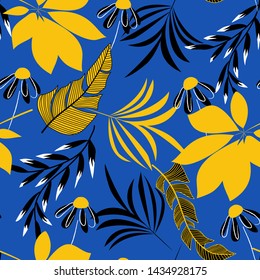 Summer trend seamless pattern with bright tropical leaves and plants on a blue background. Vector design. Jungle print. Floral background. Printing and textiles. Exotic tropics. Summer design.