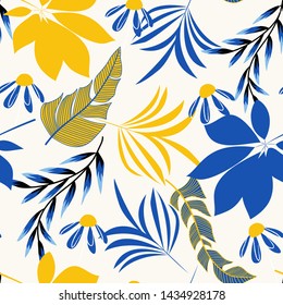 Summer trend seamless pattern with bright tropical leaves and plants on a white background. Vector design. Jungle print. Floral background. Printing and textiles. Exotic tropics. Summer design.
