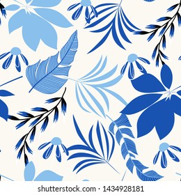 Summer trend seamless pattern with bright tropical leaves and plants on a light background. Vector design. Jungle print. Floral background. Printing and textiles. Exotic tropics. Summer design.