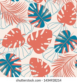 Summer trend seamless pattern with bright tropical leaves and plants on a pastel white background. Vector design. Jungle print. Floral background. Printing and textiles. Exotic tropics. Summer design.