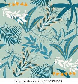 Summer trend seamless pattern with colorful tropical leaves and flowers on a pastel background. Vector design. Jungle print. Floral background. Printing and textiles. Exotic tropics. Summer design.