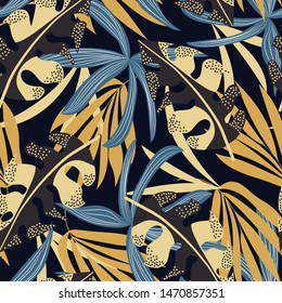 Summer trend seamless pattern with colorful tropical leaves and plants on a brown background. Vector design. Jungle print. Floral background. Printing and textiles. Exotic tropics. Summer design.