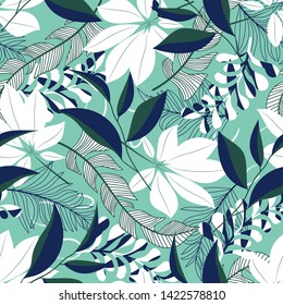 Summer trend seamless pattern with tropical leaves and plants on a light green background. Vector design. Jung print. Floral background. Printing and textiles.