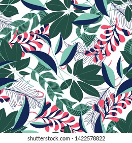 Summer trend seamless pattern with tropical leaves and plants on white background. Vector design. Jung print. Floral background. Printing and textiles.