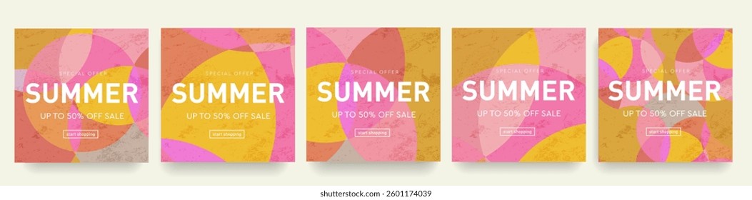 Summer. Trendy Abstract Gradient Design in Retro Style from the 80s-90s. Modern Geometric Background Patterns for Advertising, Web, Social Media, Posters, Banners, Covers. Sale Offer 50%.