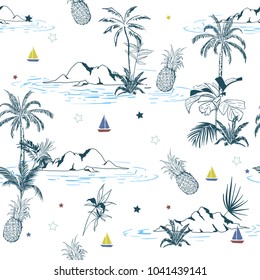 Summer Trendy bright seamless colorful  island pattern on white background. Landscape with palm trees,beach and ocean vector hand drawn style.