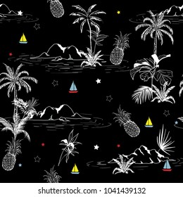 Summer Trendy dark seamless outline  island pattern on black background. Landscape with palm trees,beach and ocean vector hand drawn style.