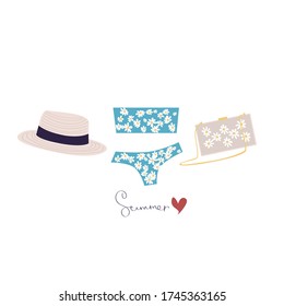 Summer trendy fashion accessories, wicker hat with black ribbon, blue daisy bikini in daisies, clutch on a chain in daisies. Cartoon illustration, vector, isolated on a white background.