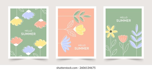 Summer trendy geometric posters with beautiful flowers in linear style. Minimal floral backgrounds. Vector seasonal template for spring, Women's Day, Mother's Day, Easter.