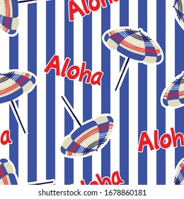 Summer trendy mood of umbrella and red typo ALOHA on fresh blue vertical stripe seamless pattern vector EPS10 ,Design for all prints and all graphic type.