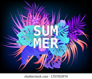 Summer trendy neon tropical leaves exotical plants palm jungle leaf. Trending colors on dark background template banner. Vector illustration isolated