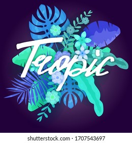 Summer trendy neon tropical leaves exotical plants palm jungle leaf. Lettering trending colors on dark background template banner. Vector illustration isolated