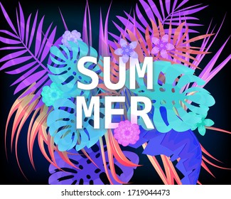 Summer trendy neon tropical leaves exotical plants palm jungle leaf. Trending colors on dark background template banner. Vector illustration isolated