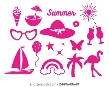 summer trendy set of pink stickers. Cute, holiday objects isolated on white background.  palm, cocktail, flower, star, logo: collection in a minimalist style. for print, social network. barbie style