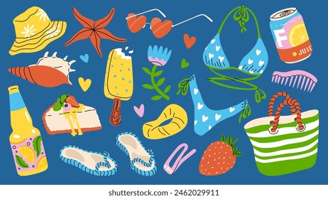Summer trendy set of stickers. Vacation icons. Beach holiday and party elements. Banner and advertising design. Vector illustration isolated on a color background.