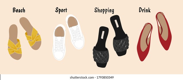 Summer trendy shoes. 
Beach Slippers, Sports Sneakers, Comfortable Shopping Shoes, Dating Shoes. Modern hand drawn colorful collection of women's shoes. 