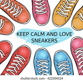 Summer trendy sports shoes. Collection of colorful sneakers. I love sneakers. Vector