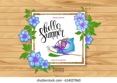 Summer trendy sports shoes on wooden background. Sale of sneakers. Vector illustration