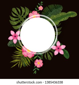 Summer trendy template exotic plants and hibiscus flowers tropical background. Trend pattern jungle. Vector, illustration, isolated, poster, banner, flyer, invitation