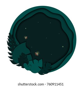 Summer trendy tropical background with fireflies and green exotic palm leaves in a circle. Luminous bugs glowing at night. Vector floral background made in 3D paper cut and craft style. 