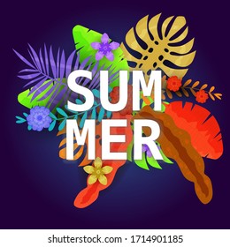 Summer trendy tropical leaves exotical plants palm jungle leaf. Trending colors on dark background template banner. Vector illustration isolated