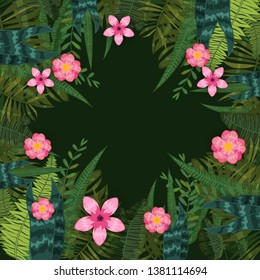 Summer trendy tropical leaves and flowers. Design. background template of exotic plants and hibiscus flowers. Trend pattern jungle. Vector, illustration, isolated, poster, banner, flyer, invitation