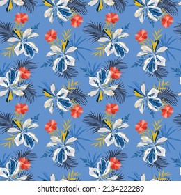 Summer and trendy tropical leaves ,palm and flowers tropic mood seamless pattern vector EPS10 ,Design for fashion , fabric, textile, wallpaper, cover, web , wrapping and all prints on sky blue