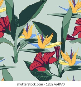 Summer and trendy tropical leaves. Seamless graphic design with exotic plants and paradise strelitzia hibiscus flowers. Fashion, fabric and all prints on stylish light vintage background.