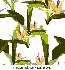 Summer and trendy tropical leaves. Seamless graphic design with exotic plants and paradise strelitzia flowers. Fashion, fabric and all prints on stylish white background.