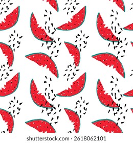 Summer trendy vector seamless pattern in children's doodle style hand drawn. Watermelon, watermelon seeds
