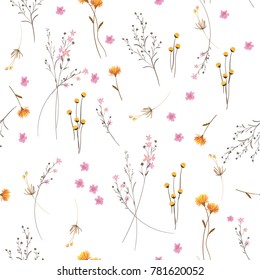 Summer Trendy  white blowing  Floral pattern in the many kind of flowers. Wild botanical  Motifs scattered random. Seamless vector texture. For fashion prints in hand drawn style on white background.