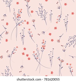 Summer Trendy  wild blowing  Floral pattern in the many kind of flowers. Wild botanical  Motifs scattered random. Seamless vector texture. For fashion prints.  in hand drawn style on  pink background.