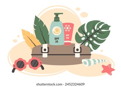 Viaje de verano. Diseño de viaje de playa con maleta, protector solar, gafas de sol, hojas de palma, conchas. Viajar de vacaciones con artículos de turismo. Ilustración plana de Vector para Web, agencia de viajes, vacaciones familiares