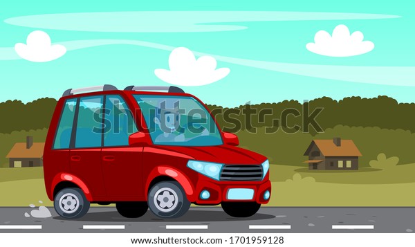 Summer trip by car flat vector\
illustration. Young man enjoy a rural trip. An economical electric\
car travels light. Summer or spring vacation adventure\
idea.
