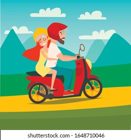 
Summer trip by motorbike vector illustration. Happy man and woman on summer holidays. Cartoon character loving couple on motorbike trip. Mountains background, tourism concept card