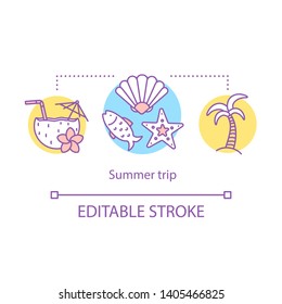Summer trip concept icon. Traveling idea thin line illustration. Cruise offer. Sunbathing and sea swimming. Underwater fauna. Scuba diving. Vector isolated outline drawing. Editable stroke