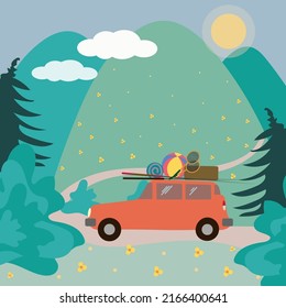 summer trip to the forest by car, vector design
