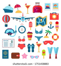 Summer trip and holidays vector set in flat style. Travel elements: ship, map, laptop, scuba, bikini, flippers, cocktail. Tropical journey to the sea and beach. Summer vacation illustration.