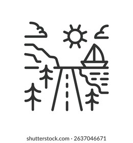 Summer trip, icon in line design. Summer trip, vacation, travel, beach, suitcase, airplane, sun on white background vector. Summer trip editable stroke icon