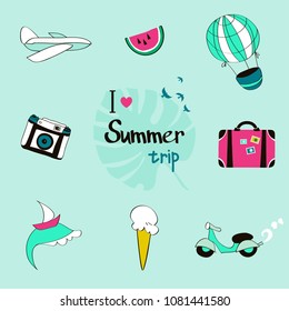 Summer trip icon set, hand drawn decoration elements for summertime season.  