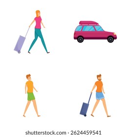 Summer trip icons set cartoon vector. People with luggage near travel car. Vacation concept