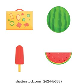 Summer trip icons set cartoon vector. Travel suitcase, ice cream and watermelon. Summer time
