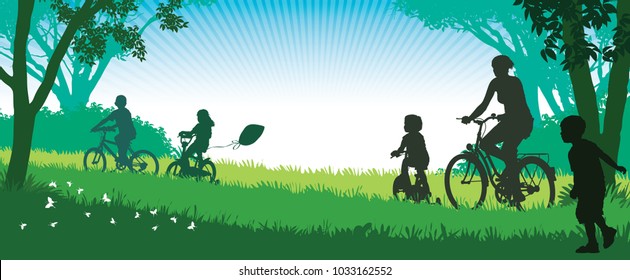 Summer trip. Illustration of a happy family cycling on a summer trip in the park.