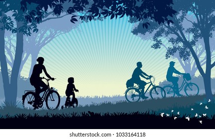 Summer trip. Illustration of a happy family cycling on a summer trip in the park.