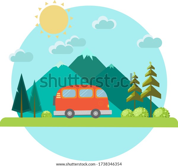 Summer trip. Landscape, bus, forest and\
mountains in the background. Adventures in nature, recreation and\
tourism vector\
illustration.