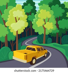 Sommerreise. Landschaft mit einem süßen Abholwagen auf der Straße. Vektorgrafik im Flachstil. Schöner Wald.
